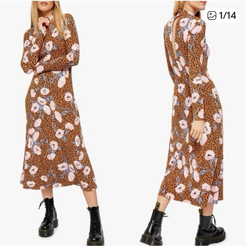 ✨Free People (NWOT) Retro Romance Midi Dress Floral-Multi Camel Combo Size XS✨
